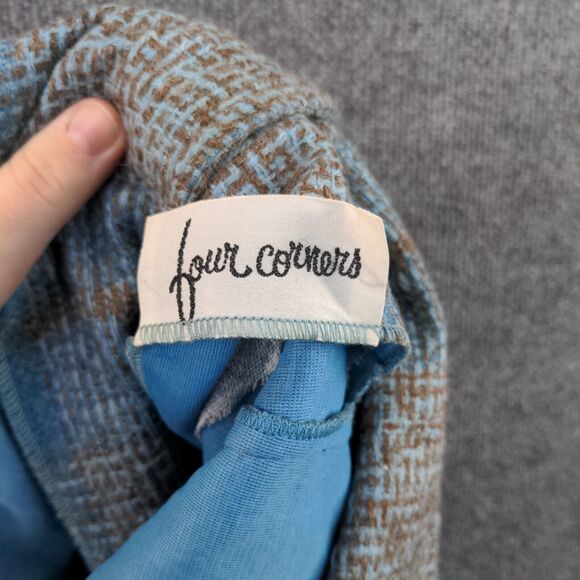 Four Corners Button Blazer Wool Coat Actual 32x26.5 Blue Gray Plaid Front Pocket - Picture 3 of 11